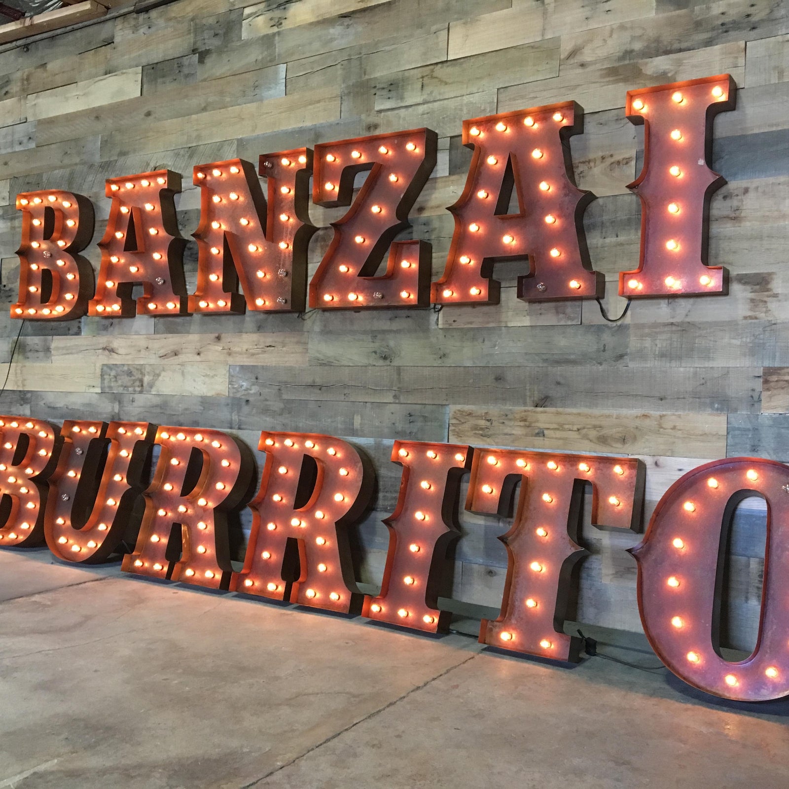 Banzai Burrito Gets Lit: 24" Rusty Finish Wall-Hanging Marquee Letters