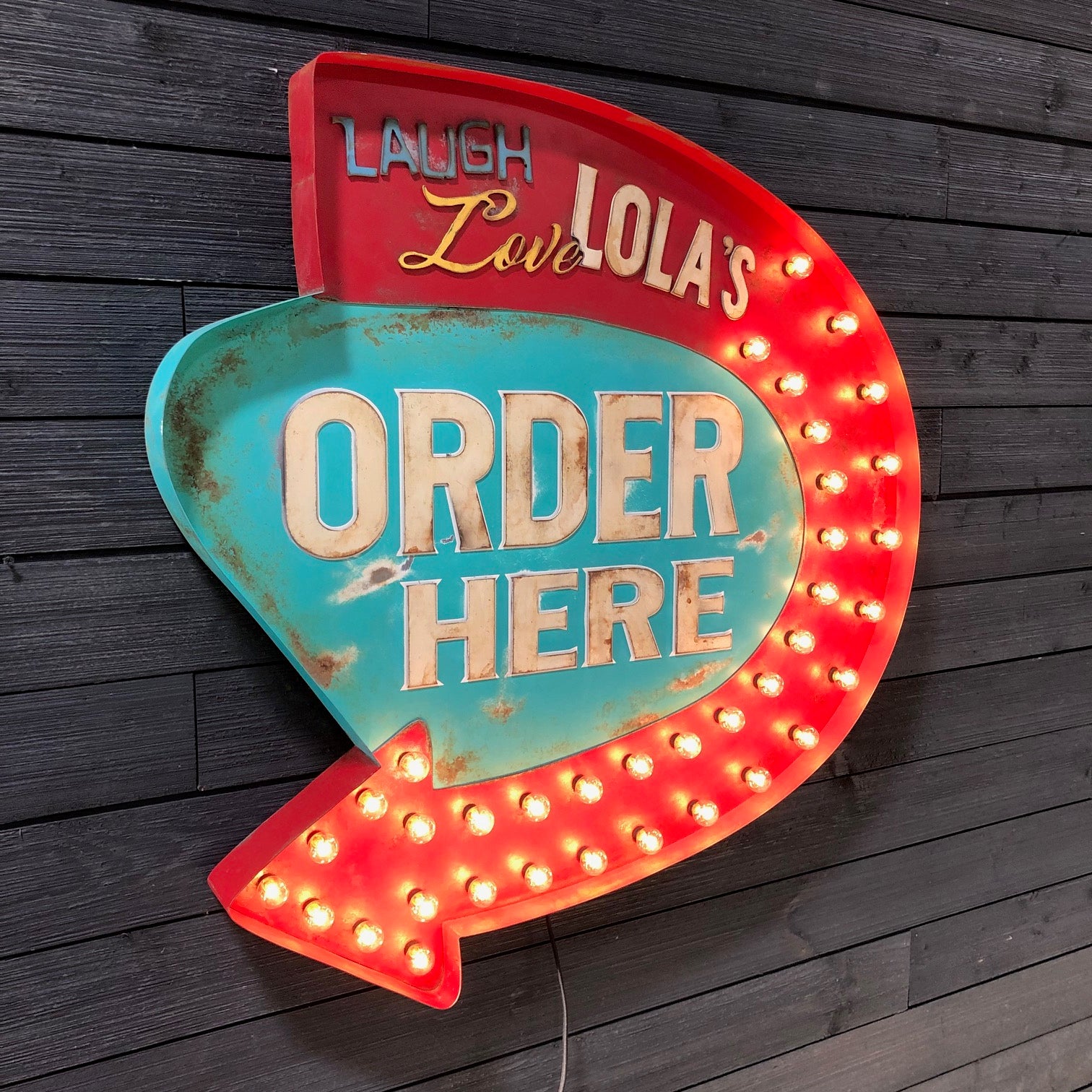 Retro Arrow Layered Marquee Sign — Laugh Love Lolas Order Here